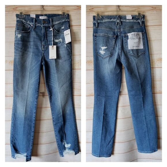 Good American Good Legs Straight Stretchy Distressed Denim Jeans Cotton/Elastane